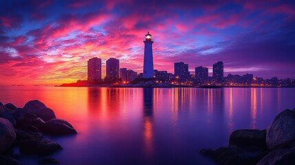 Wall Mural - Dramatic sunrise over lighthouse, city skyline reflected in calm water.  Possible use Travel, tourism, or wallpaper