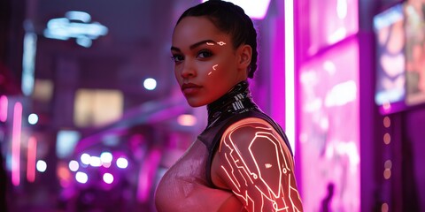 Wall Mural - A woman in a pink dress with neon lights on her body. She is standing in front of a neon sign