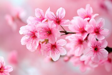 Wall Mural - Beautiful pink cherry blossoms blooming on a branch against a soft background.