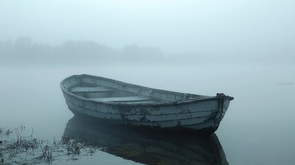 Canvas Print - Foggy lake, lone boat, tranquil scene, misty background, peace