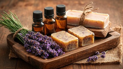 Aromatherapy set Lavender, essential oils, and soaps for relaxation in a spa