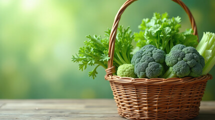 Wall Mural - Vegan Nutrition, Wicker Basket with Green Vegetables - Broccoli, Salad, Celery, Vegetarian Lifestyle, Clean Background with Copy Space Banner