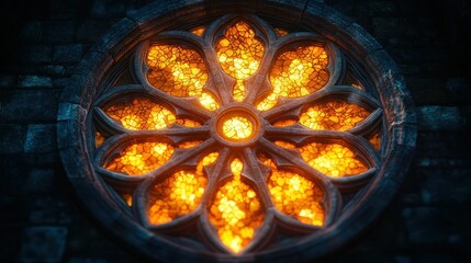 Poster - Fiery Gothic Stained Glass Window in Stone Wall