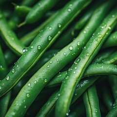 green beans, fresh and gleaming in their natural color with a sprinkle of water droplets