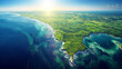 © AltisArt - Widok z lotu ptaka na zieloną ziemię spotykającą błękitny ocean w jasnym świetle słonecznym w ciągu dnia