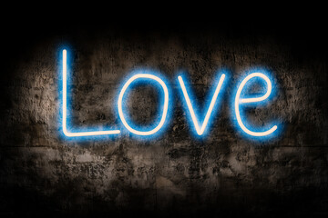 A glowing neon sign spells “Love” against a textured dark wall, radiating a vibrant blue light. The text captures the essence of affection and warmth in a modern, artistic style.