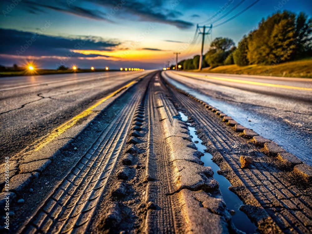 Long Exposure: Degraded Asphalt Road with Deep Ruts - Damaged Highway ...