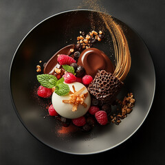 Poster - Elegant Panna Cotta Dessert with Chocolate and Fresh Berries