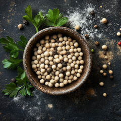 Wall Mural - Whole White Peppercorns in Rustic Wooden Bowl