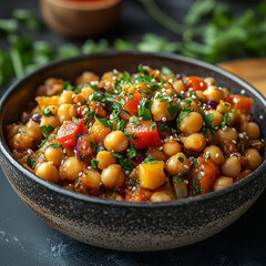 Wall Mural - Homemade Chickpea Stew with Colorful Vegetables and Fresh Herbs 