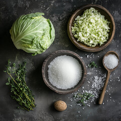 Wall Mural -  Fermenting Cabbage with Coarse Salt on Rustic Background