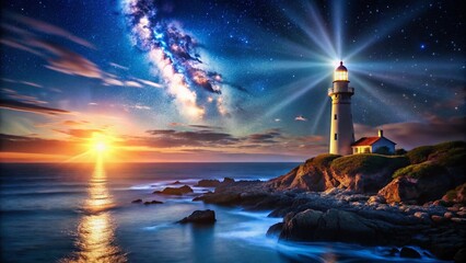 Wall Mural - Luminous Coastal Lighthouse at Night, Starry Sky Background, Copy Space