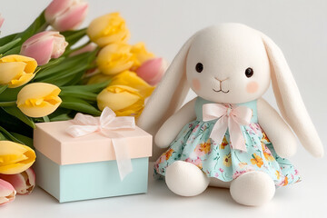 Poster -  bunny plush with gift box and tulips