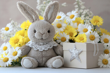 Poster -  bunny plush with star gift box and daisies