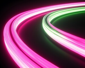 Wall Mural - Neon pink and green glowing arcs spiraling at high speed on a dark black background.