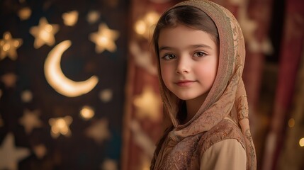 Young Muslim girl in traditional attire with warm Ramadan festive lights