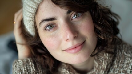 Wall Mural - Close-up portrait of a young woman with curly hair and a cozy knit hat, smiling warmly, in a softly lit indoor setting