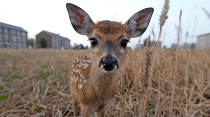 Wall Mural - Fawn in field, suburban background, wildlife habitat