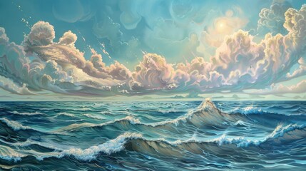 Wall Mural - Serene ocean waves under a vibrant sky with fluffy clouds, capturing the tranquility of nature's beauty