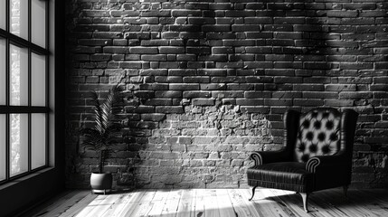 Wall Mural - A vintage black armchair in a cozy, dimly lit room with exposed brick walls and a potted plant in the corner