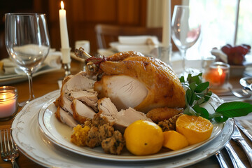 Wall Mural - roasted chicken on an old wooden board