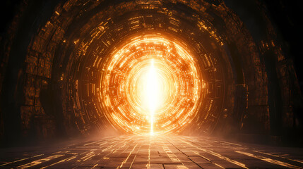 Wall Mural - Ancient futuristic portal glowing with inner light. Ancient Alien Glyphs. Illustration