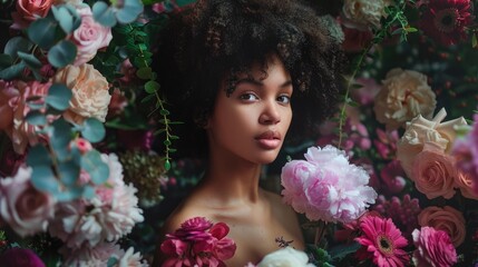 Wall Mural - Portrait of a woman with an expressive gaze surrounded by vibrant flowers in a lush, colorful floral arrangement