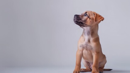 Wall Mural - A curious puppy sitting gracefully, gazing upwards in a minimalist studio setting with soft lighting