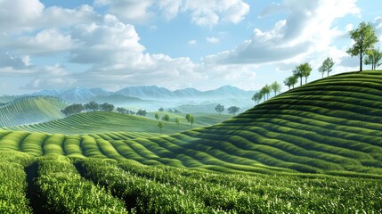 Wall Mural - Lush green tea fields stretch across rolling hills under a bright blue sky with fluffy clouds and distant mountains