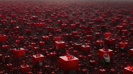 Wall Mural - red cubes field, glowing icons, foggy background, data visualization