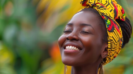 Wall Mural - A joyful woman with a vibrant headwrap smiles against a colorful, blurred tropical background, exuding happiness