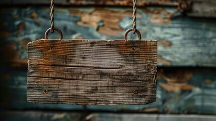 Poster - Rustic wooden sign hanging against a weathered blue wooden wall, evoking a nostalgic and tranquil atmosphere