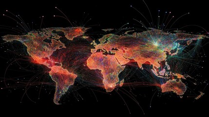 Wall Mural - global network connections, data streams, world map, digital background, communication