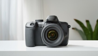 Fototapete - 최신형 미러리스 카메라가 심플한 화이트 테이블 위에 놓여 있으며, 깔끔한 디자인이 강조