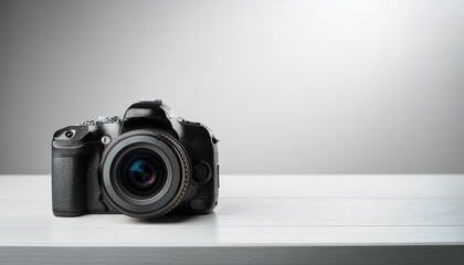 Fototapete - 최신형 미러리스 카메라가 심플한 화이트 테이블 위에 놓여 있으며, 깔끔한 디자인이 강조