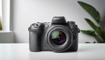Fototapete - 최신형 미러리스 카메라가 심플한 화이트 테이블 위에 놓여 있으며, 깔끔한 디자인이 강조