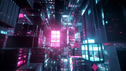 Wall Mural - 3d abstract cube city background with glowing neon light blocks, used for presentation backdrop
