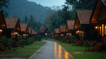 Wall Mural - Rainy Night, Tropical Village, Pathway, Jungle