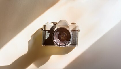 Fototapete - 카메라가 흰색 테이블 위에 놓여 있고, 따뜻한 조명이 은은하게 감도는 부드러운 분위기의 배경