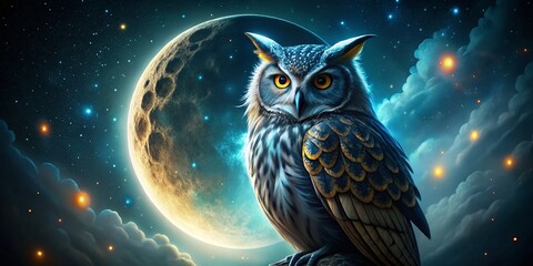 Wall Mural - Majestic Owl Perched on a Crescent Moon Amidst Sparkling Stars - Night Sky Fantasy Portrait