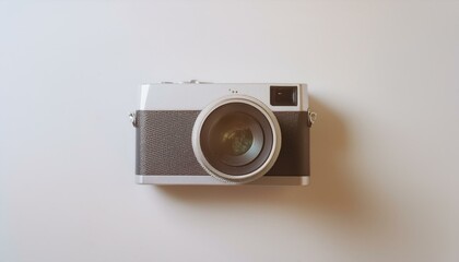 Fototapete - 카메라가 흰색 테이블 위에 놓여 있고, 따뜻한 조명이 은은하게 감도는 부드러운 분위기의 배경