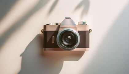 Fototapete - 카메라가 흰색 테이블 위에 놓여 있고, 따뜻한 조명이 은은하게 감도는 부드러운 분위기의 배경