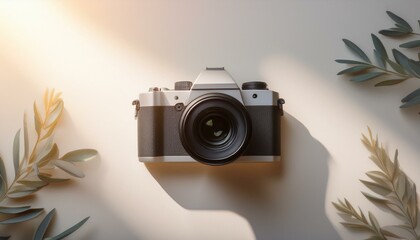 Fototapete - 카메라가 흰색 테이블 위에 놓여 있고, 따뜻한 조명이 은은하게 감도는 부드러운 분위기의 배경