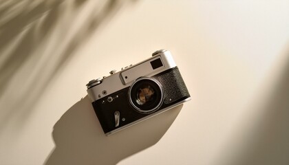 Fototapete - 카메라가 흰색 테이블 위에 놓여 있고, 따뜻한 조명이 은은하게 감도는 부드러운 분위기의 배경
