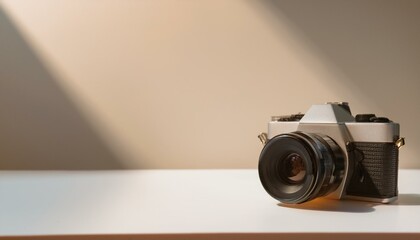 Fototapete - 카메라가 흰색 테이블 위에 놓여 있고, 따뜻한 조명이 은은하게 감도는 부드러운 분위기의 배경