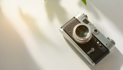 Fototapete - 카메라가 흰색 테이블 위에 놓여 있고, 따뜻한 조명이 은은하게 감도는 부드러운 분위기의 배경