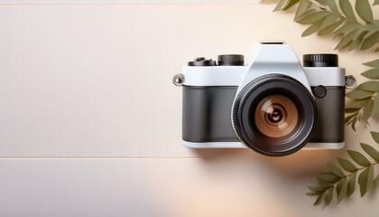 Fototapete - 카메라가 흰색 테이블 위에 놓여 있고, 따뜻한 조명이 은은하게 감도는 부드러운 분위기의 배경
