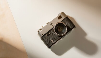 Fototapete - 카메라가 흰색 테이블 위에 놓여 있고, 따뜻한 조명이 은은하게 감도는 부드러운 분위기의 배경
