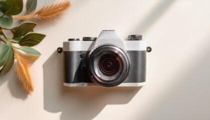 Fototapete - 카메라가 흰색 테이블 위에 놓여 있고, 따뜻한 조명이 은은하게 감도는 부드러운 분위기의 배경
