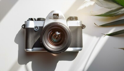 Fototapete - 카메라가 흰색 테이블 위에 놓여 있고, 따뜻한 조명이 은은하게 감도는 부드러운 분위기의 배경
